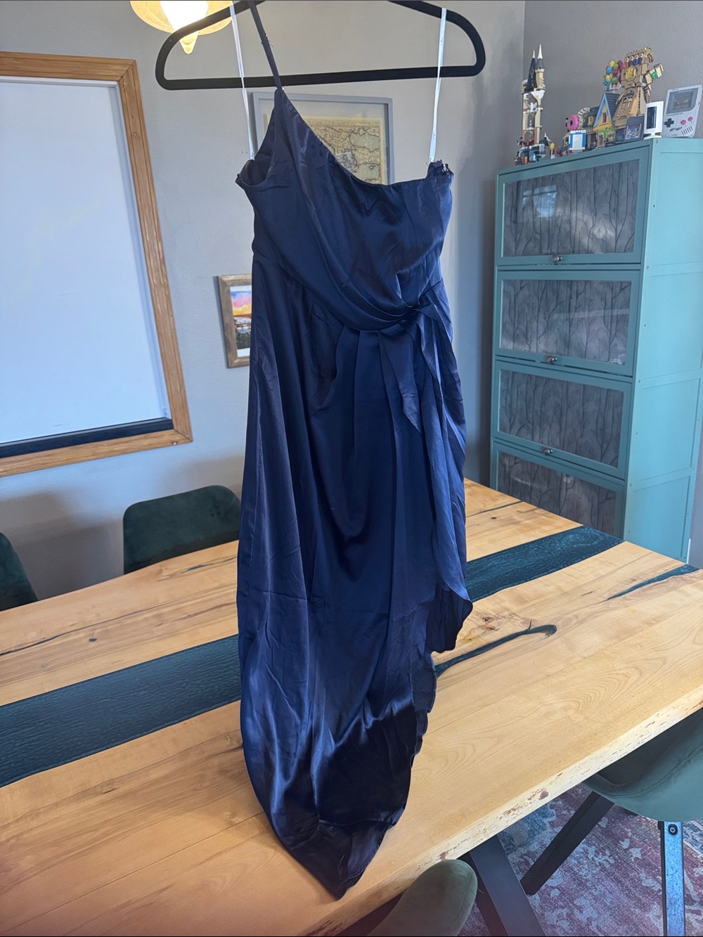 Lulu's Midnight Navy One-Shoulder Satin Gown